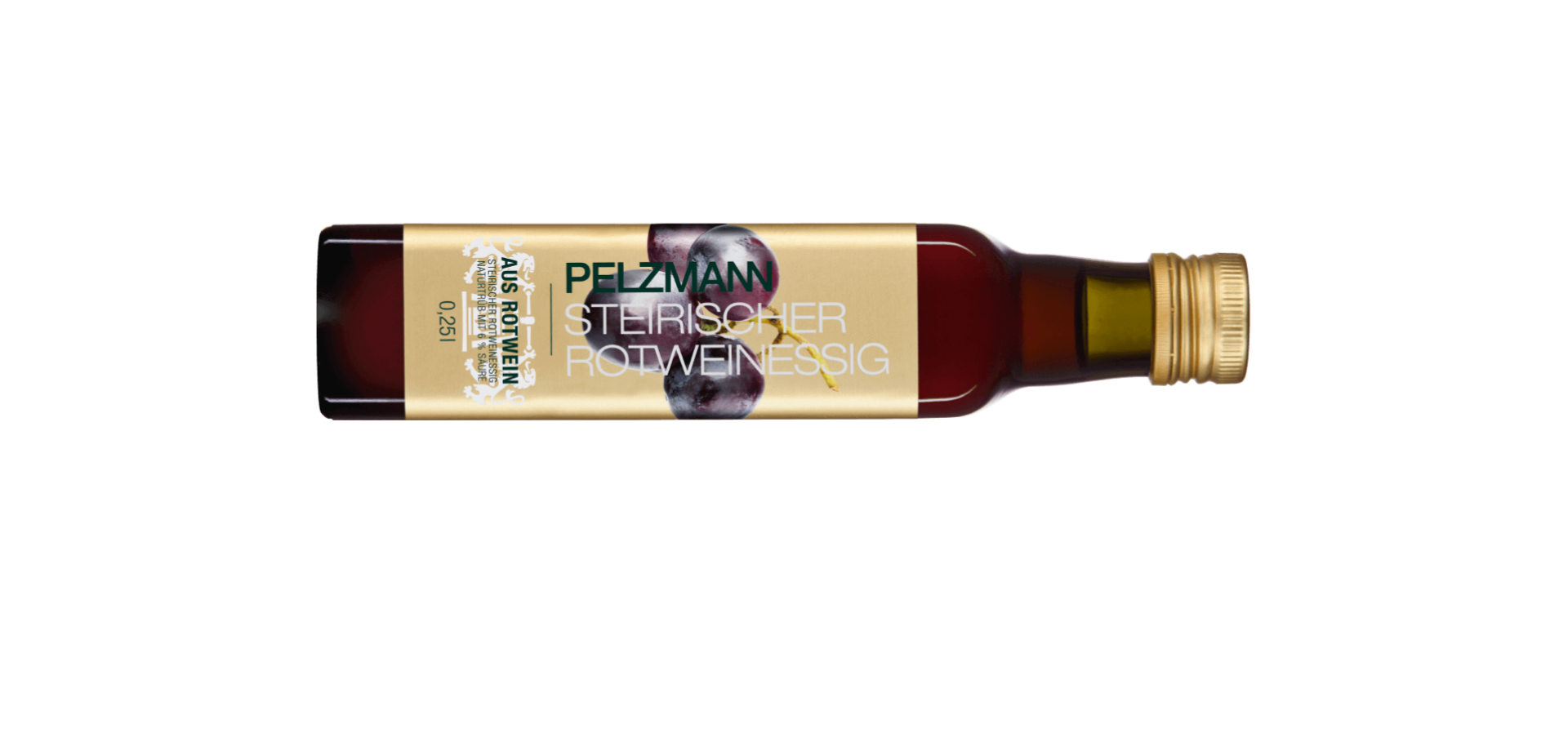 Eine Flasche Pelzmann Steirisches Rotweinessig steht zentral vor einem weißen Hintergrund. Text auf der Etikette: "PELZMANN STEIRISCHES ROTWEINESSIG AUS ROTWEIN NETTOFÜLLMENGE 0,25l".